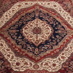 A detailed view of a luxurious traditional Persian carpet with intricate floral patterns woven in deep, rich colors.