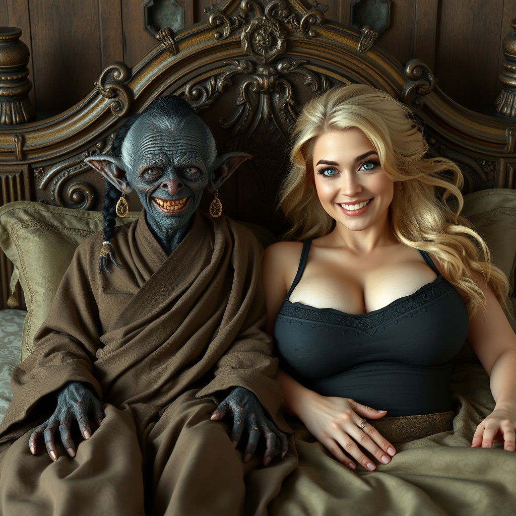 In a medieval-themed bedroom, two characters are lying on an ornate bed