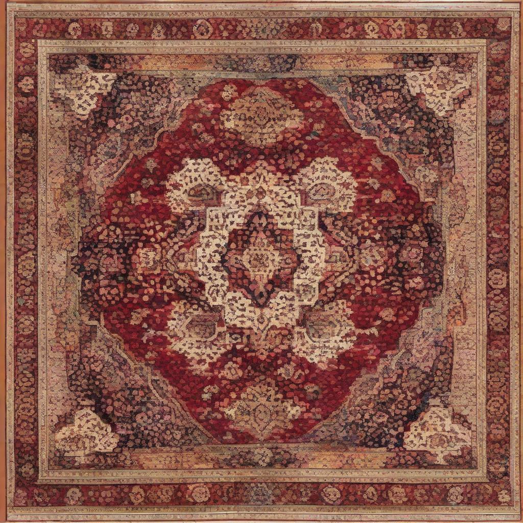 A detailed view of a luxurious traditional Persian carpet with intricate floral patterns woven in deep, rich colors.