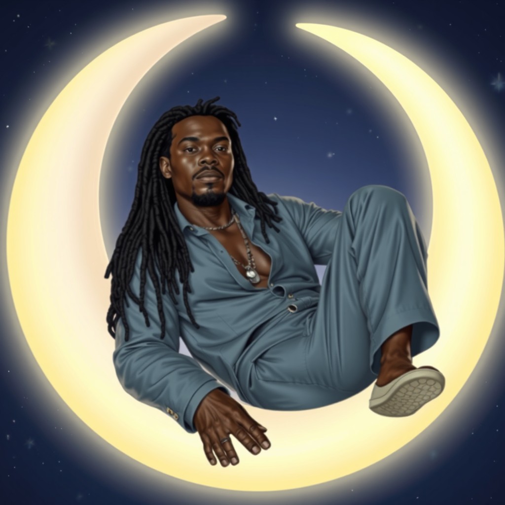 A dark-skinned man with shiny skin and well-groomed long dreadlocks, dressed in a stylish gray outfit, reclining comfortably in a crescent moon