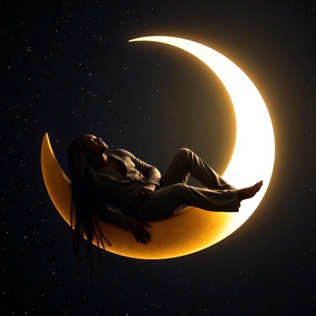 A silhouette of a dark-skinned man with long, shiny dreadlocks, dressed in a sleek grey outfit, lying gracefully in a crescent moon high in the sky