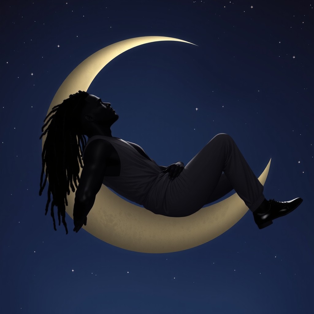 The silhouette of a dark-skinned man with glossy skin, elegantly styled long dreadlocks, wearing a sleek gray outfit, reclining gracefully within a crescent moon high in the sky, surrounded by twinkling stars and a serene night atmosphere
