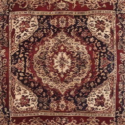 A detailed view of a luxurious traditional Persian carpet with intricate floral patterns woven in deep, rich colors.