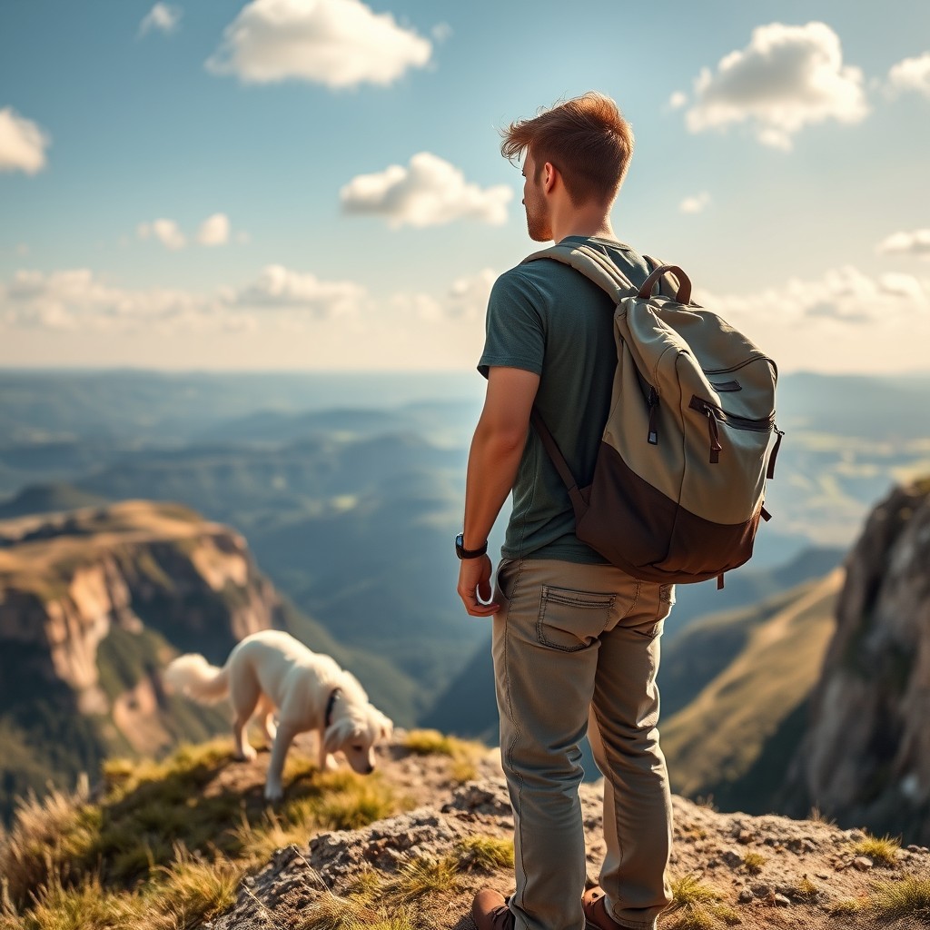 A young man wearing casual hiking clothes, carrying a stylish knapsack, stands at the edge of a cliff, gazing out at a breathtaking landscape bathed in warm sunlight
