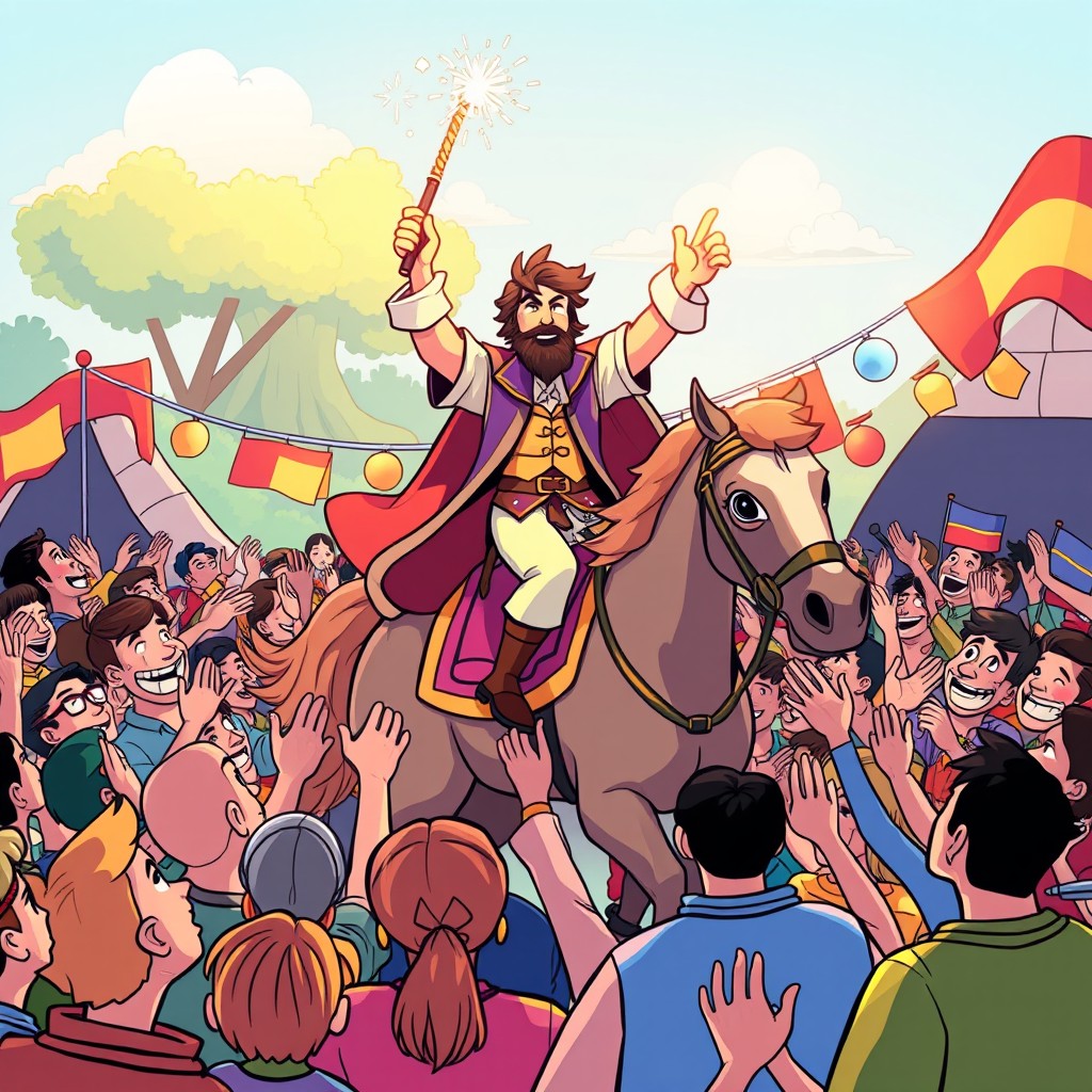 A lively cartoon scene depicting a cheerful crowd gathered in a vibrant outdoor setting, enthusiastically cheering for a charismatic man riding a majestic horse