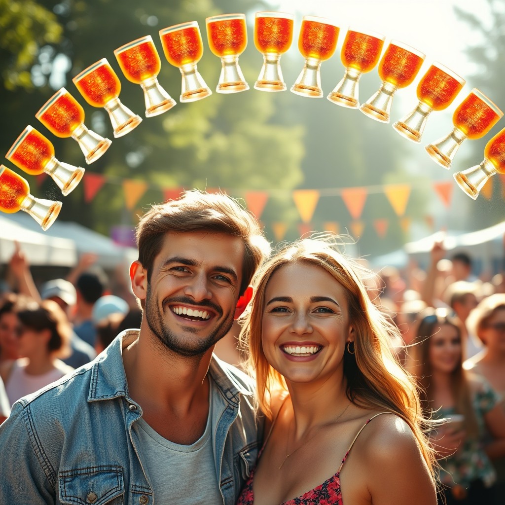 A joyful couple standing together, smiling radiantly under a vibrant rainbow arching above them, made up of ten sparkling golden cups