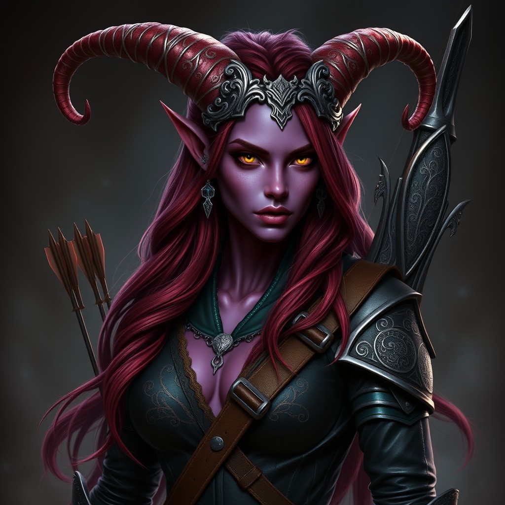 A stunning female Tiefling with deep periwinkle skin, smooth and glossy in texture
