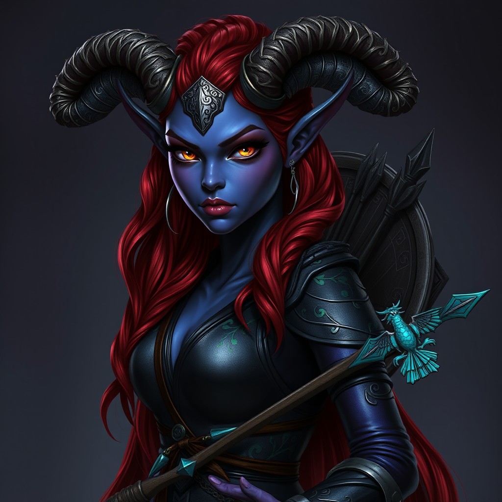 A female Tiefling with deep periwinkle skin, smooth and glossy in texture, standing tall and proud