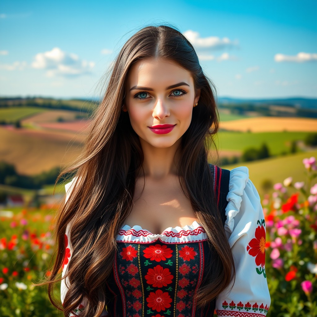 A beautiful Polish woman with long, flowing dark hair, striking blue eyes, and porcelain skin