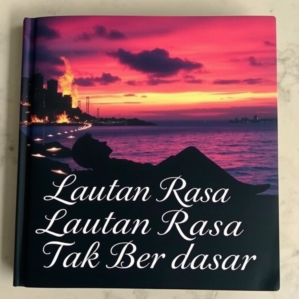 A romantic and dramatic book cover featuring a picturesque blend of twilight colors showcasing a burning city on one side fading into a tranquil ocean on the other