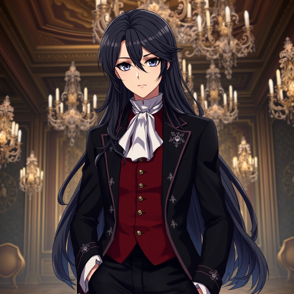 A captivating anime character with long, sleek dark hair elegantly styled in intricate waves, embodying the grandeur of 18th-century aristocracy