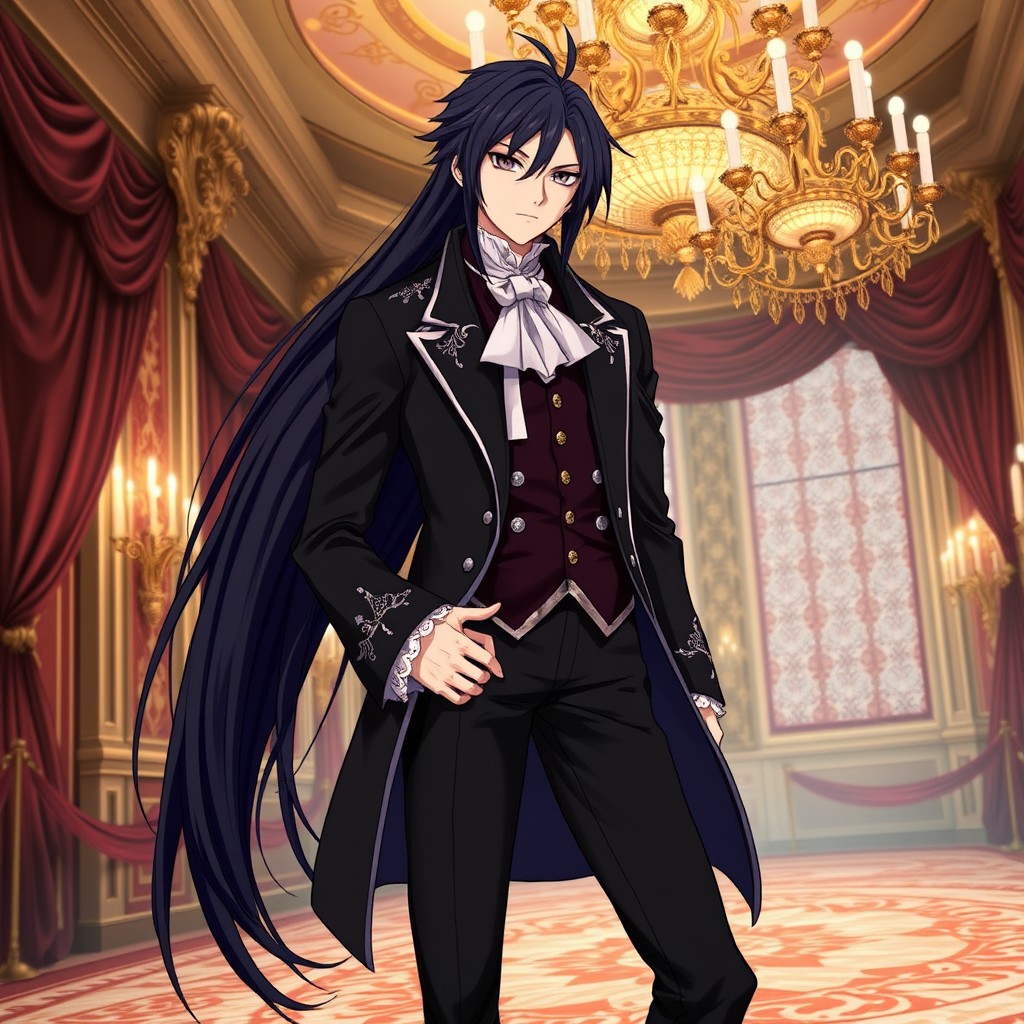 A striking anime character with long, raven-black hair cascading elegantly down their back, styled with a few loose tendrils framing their sharp, aristocratic features
