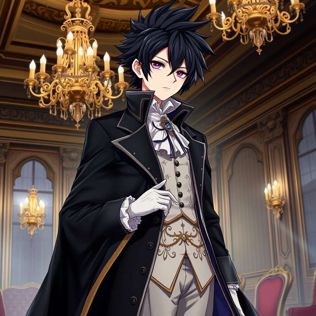An anime character with striking dark spiky hair, dressed in exquisite 18th-century aristocratic attire featuring a long dark coat adorned with intricate patterns, a high collar, and a cascading waistcoat