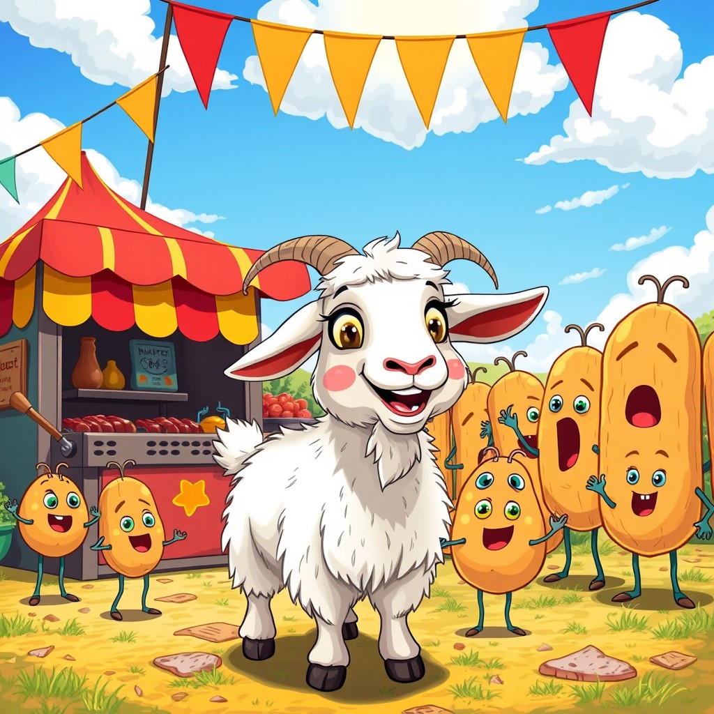 A whimsical scene depicting a cheerful goat standing in front of a colorful barbecue stand, surrounded by playful, cartoonish potatoes that have cartoon virus-like expressions