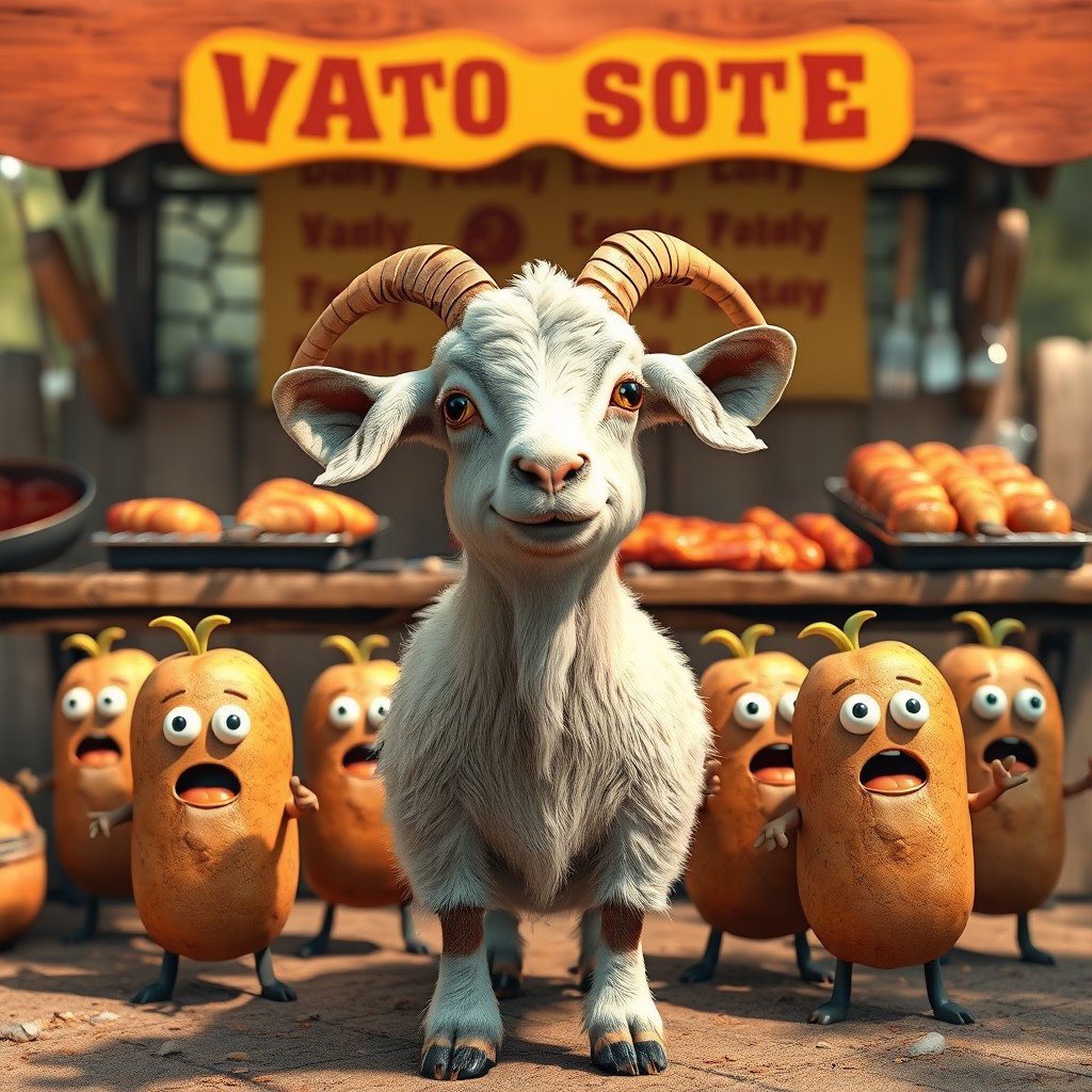 A realistic scene featuring a goat standing in front of a barbecue stand, surrounded by potatoes that exhibit quirky, human-like expressions resembling a playful virus theme