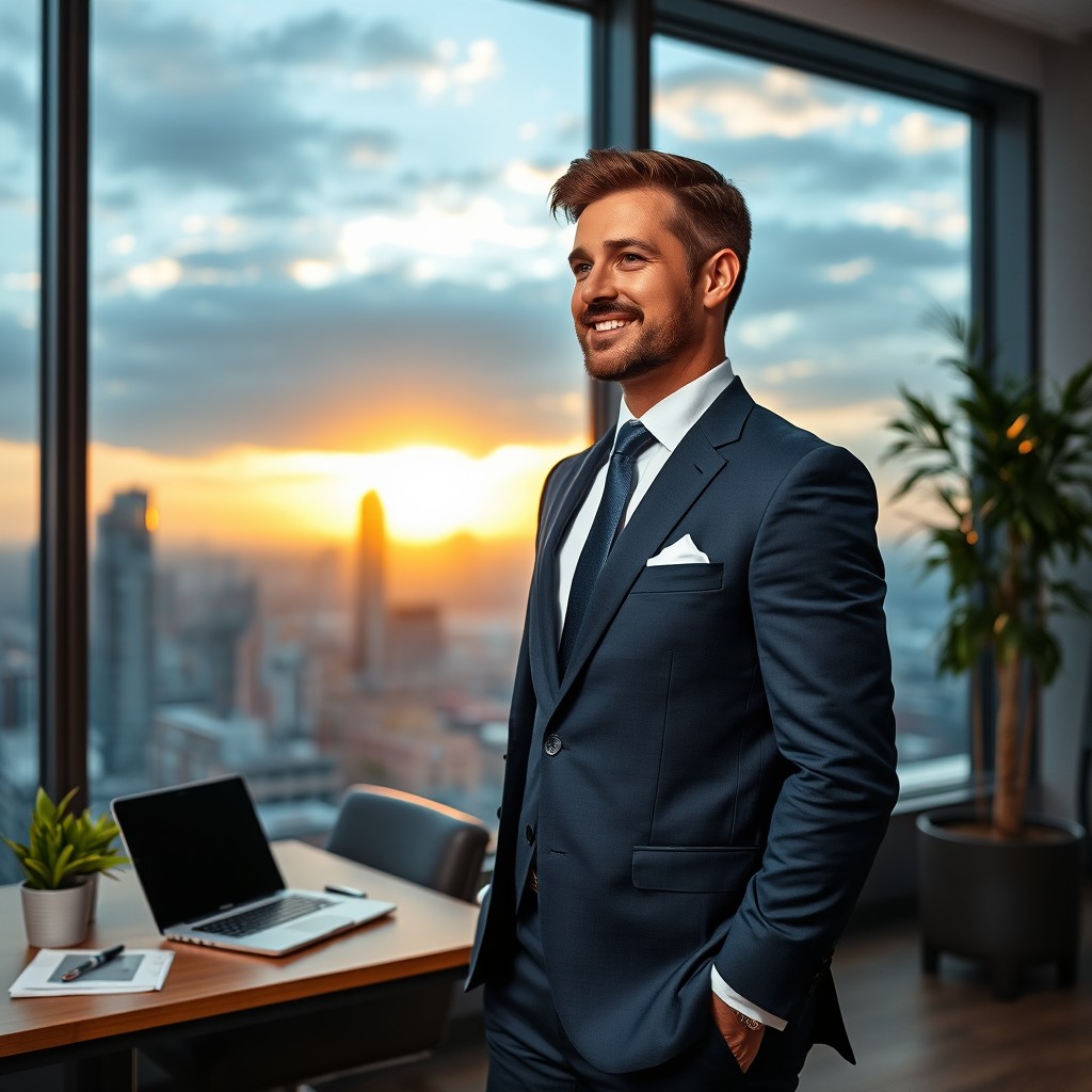 A confident businessman standing in a modern office, dressed in a tailored navy suit with a crisp white shirt and a sleek tie