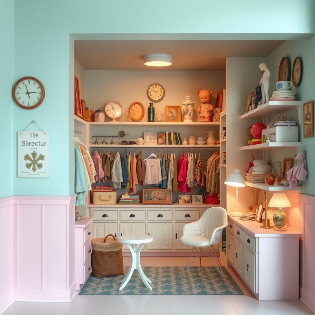 A charming vintage thrift store (brechó) featuring pastel-colored walls, creating a soft and inviting atmosphere