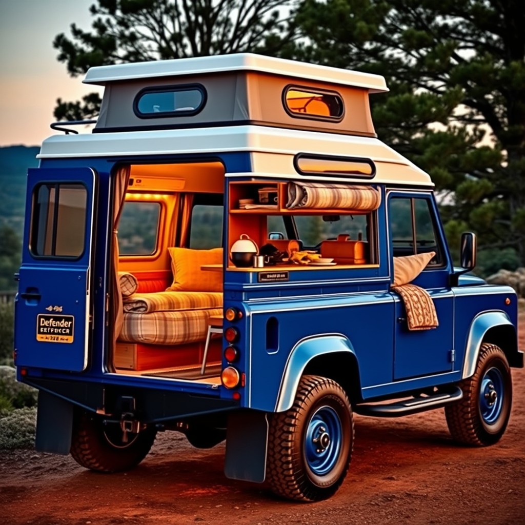 A 1998 Land Rover Defender in a striking blue color, featuring a white roof