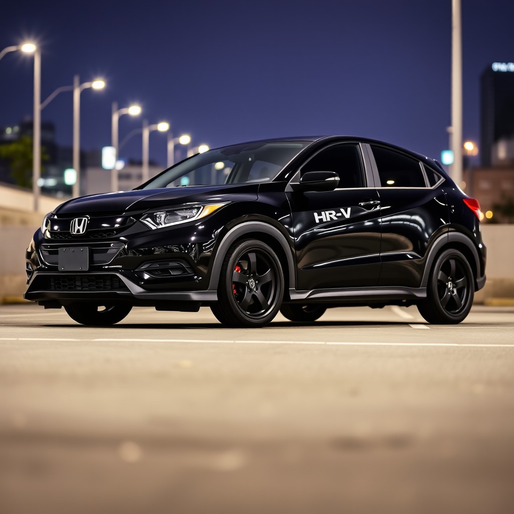 A sleek 2019 Honda HR-V in black color, lowered to showcase its sporty stance