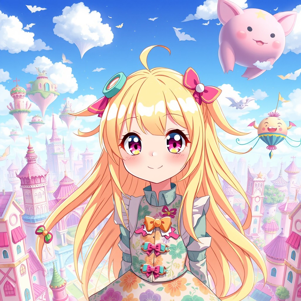 A captivating blond anime girl, featuring large expressive eyes and a cheerful expression