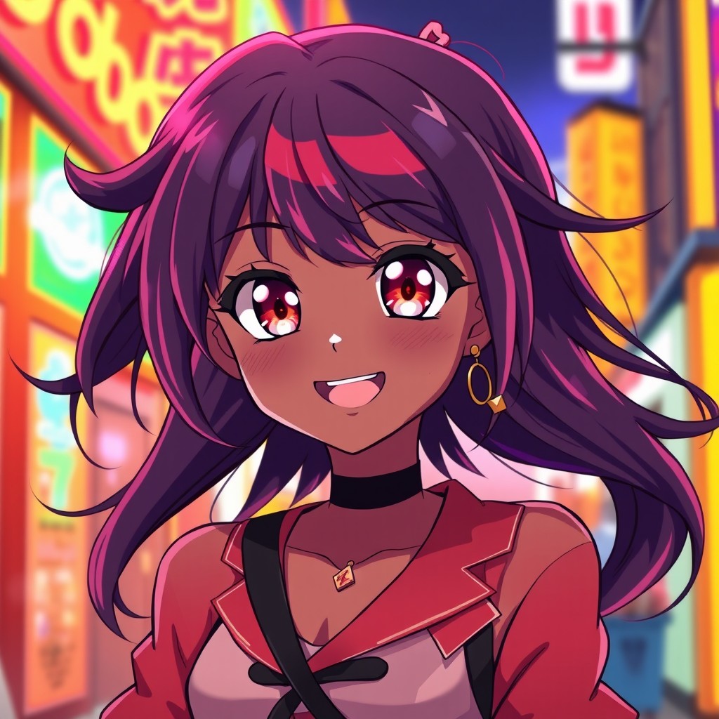 A stunning black anime girl with vibrant, flowing hair, large expressive eyes, and a captivating smile