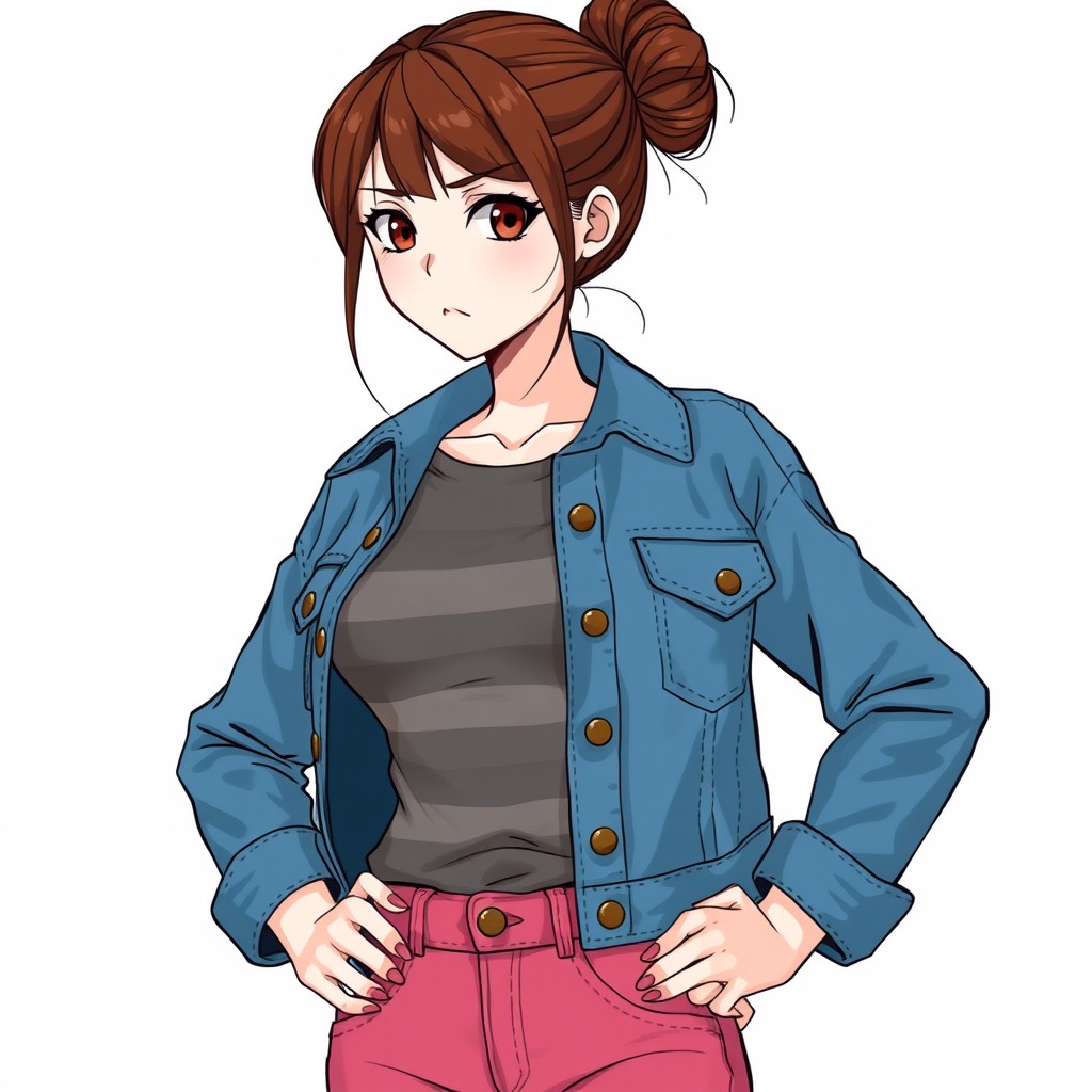 An anime woman with white pale skin, showcasing her outfit which features tight pink jeans and a grey striped shirt