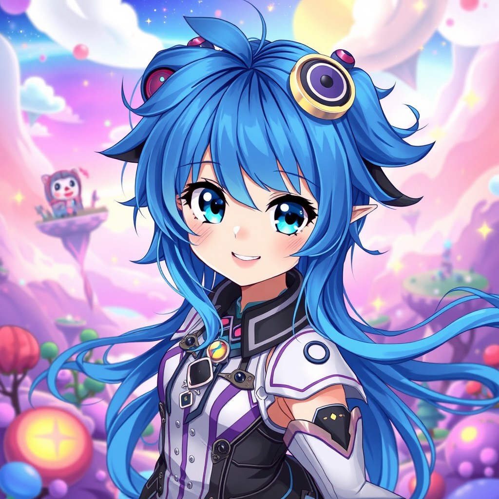 A vibrant digital artwork featuring a blue-haired anime girl, with large expressive eyes and an enthusiastic smile