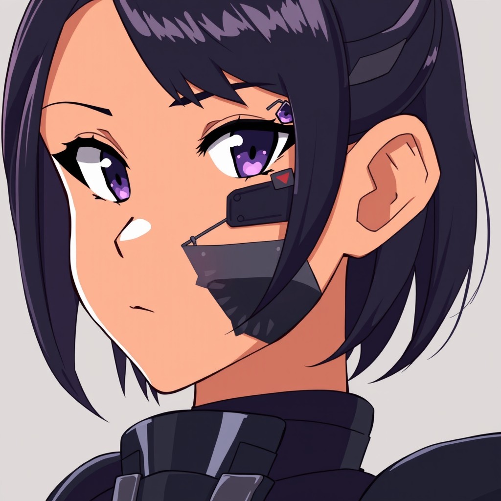 An anime girl with tan skin, featuring angular almond-shaped dark-violet eyes and small, rounded violet eyebrows above a delicate, pointed nose