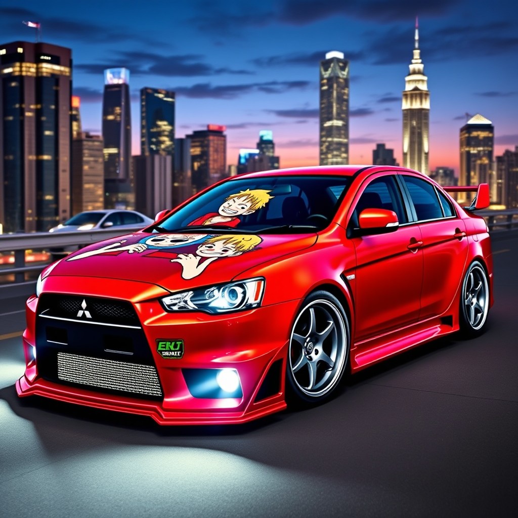 A customized 2015 Mitsubishi Lancer with a sleek body kit and a tuning kit, prominently featuring an Evo sticker on the side