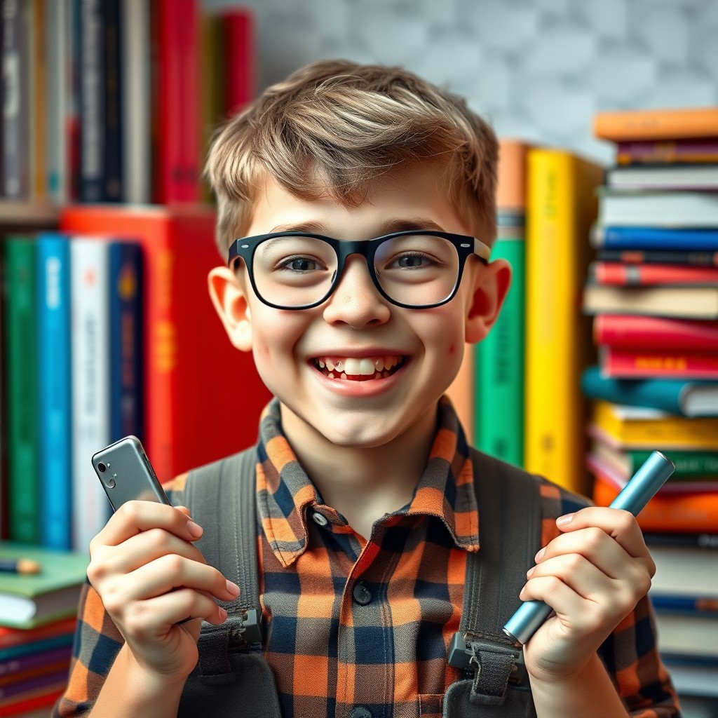 A nerdy-looking boy with glasses, characterized by acne and poorly formed teeth, dressed in a typical nerd outfit complete with a plaid shirt and suspenders