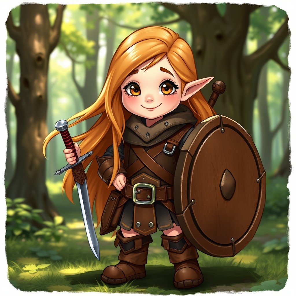 A cheerful 3ft 2in Halfling female character with long, light chestnut hair flowing elegantly, and sparkling hazel eyes full of life