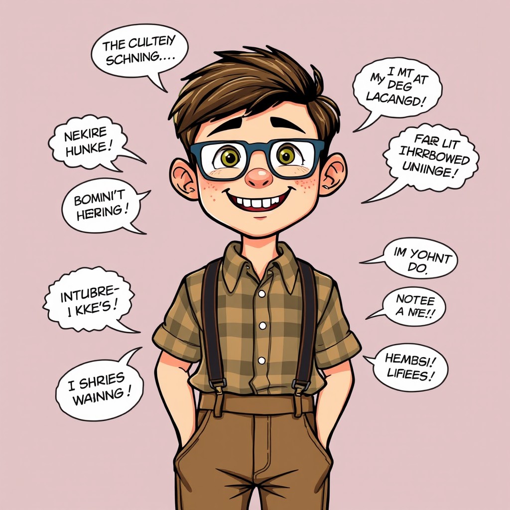 A humorous cartoon-style full torso depiction of a nerdy boy with glasses, showcasing his acne and irregularly shaped teeth