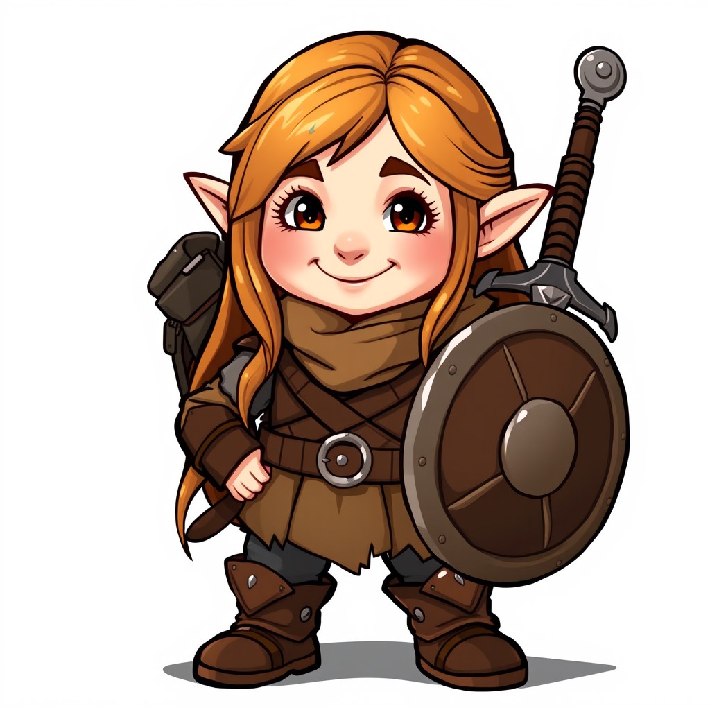 A cheerful halfling character, 3 feet 2 inches tall, with long, light chestnut hair and bright hazel eyes