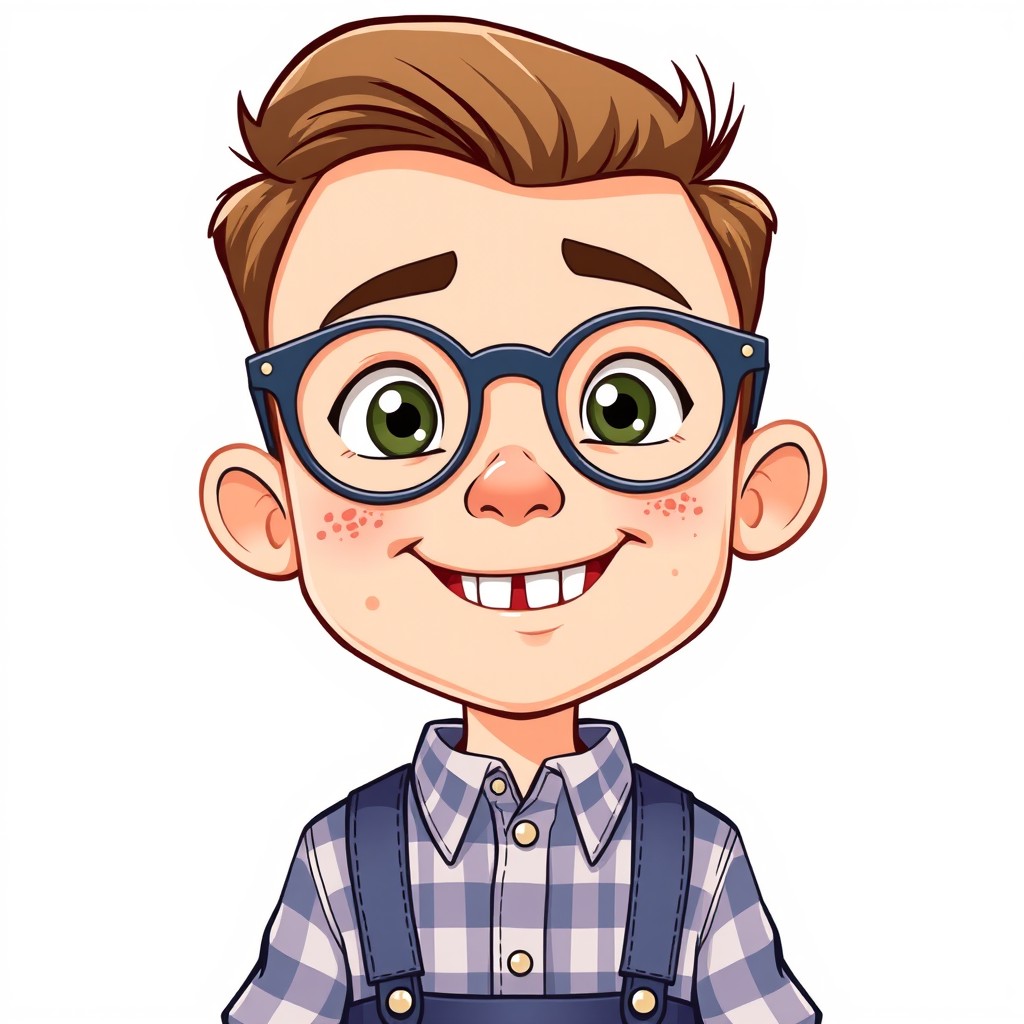 A humorous cartoon-style full torso depiction of a quirky boy with large round glasses, featuring acne and misshapen teeth