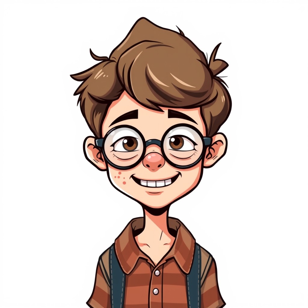 A quirky nerdy boy with large round glasses, acne, and crooked teeth, dressed in classic nerd attire