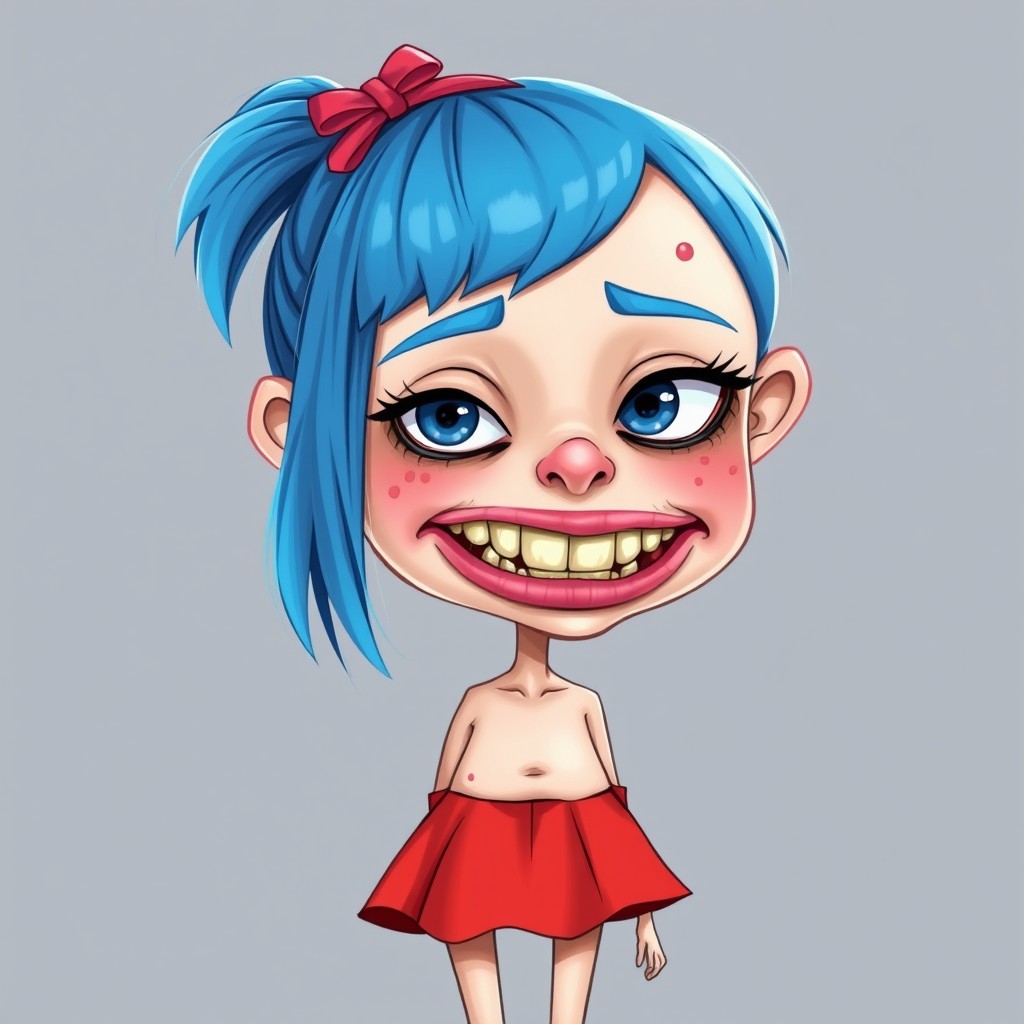 A girl with striking blue hair, featuring an oversized mouth and crooked, unattractive teeth, portraying a slightly crazy persona