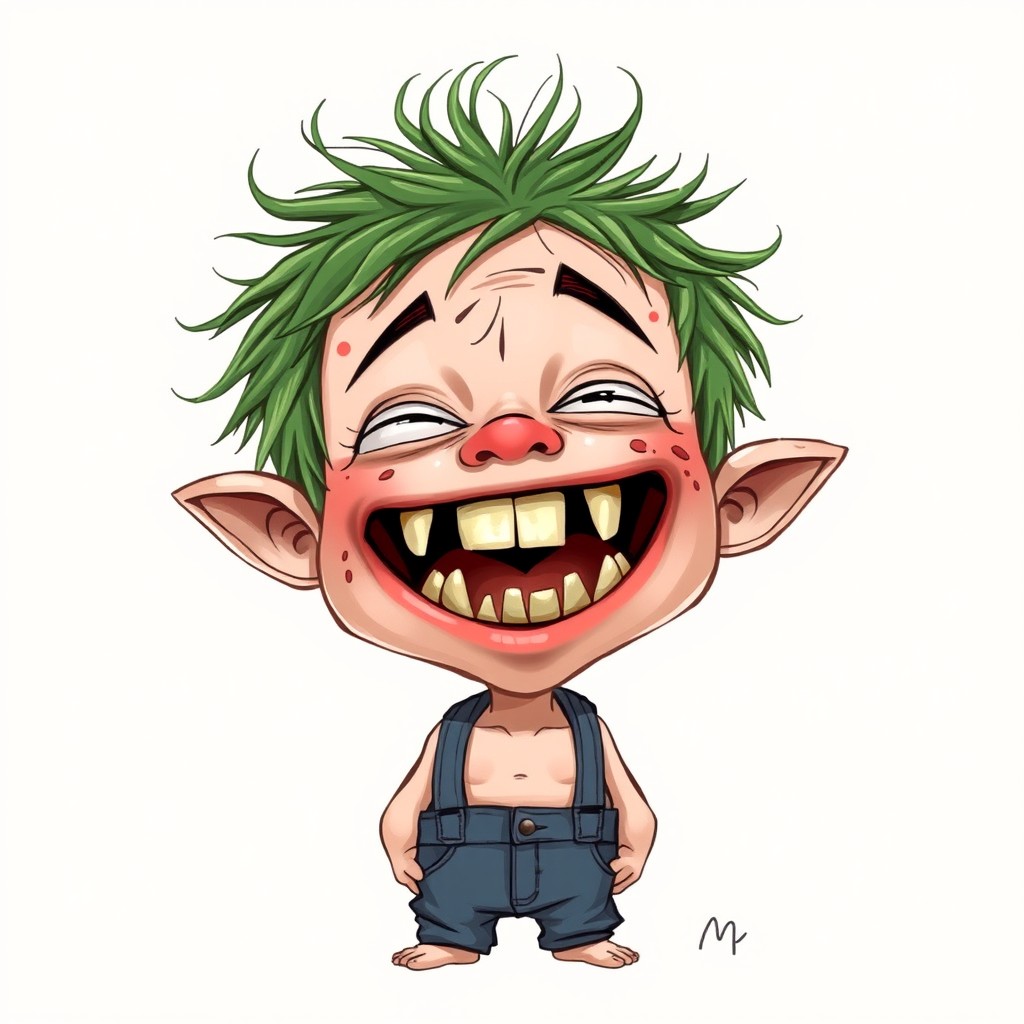 A young boy with wild green hair, featuring a large mouth filled with broken teeth, exhibiting a quirky and slightly crazy demeanor