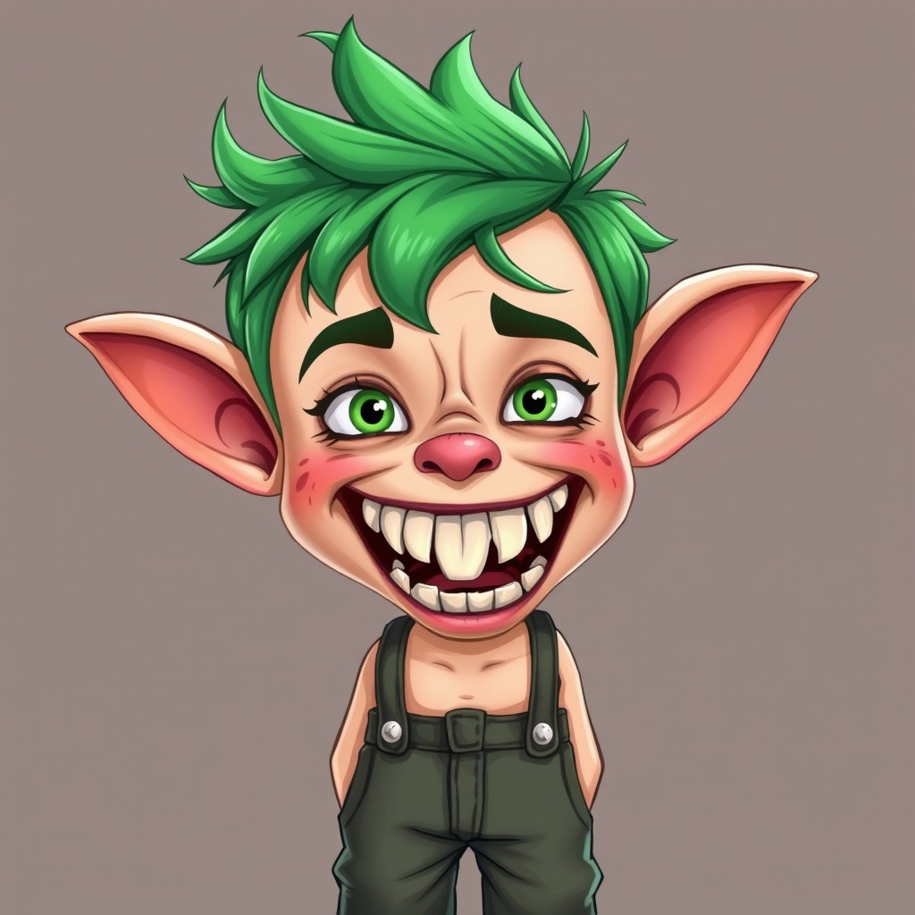 A quirky young boy with striking green hair, sporting a large mouth filled with broken teeth, conveying a slightly crazy personality
