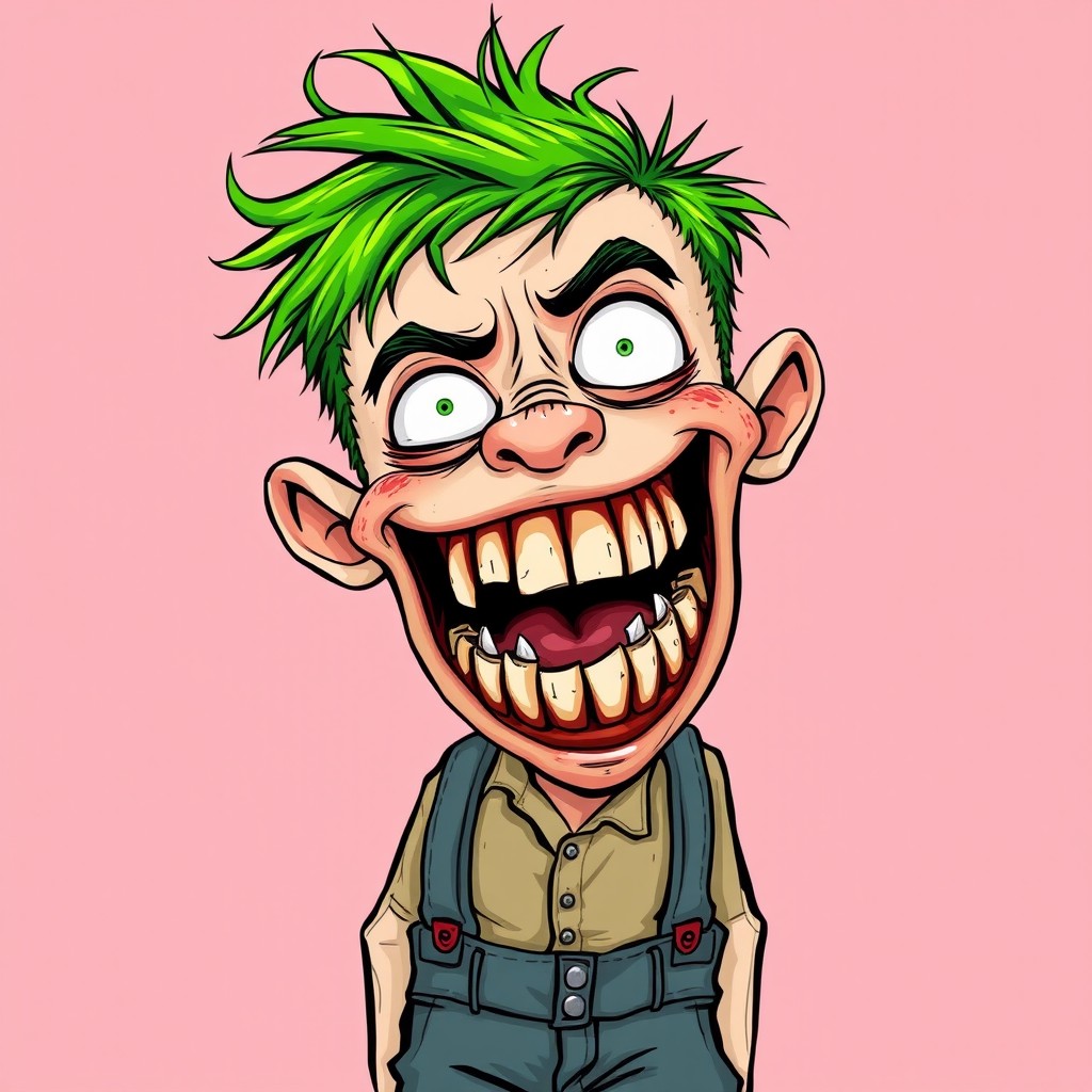 A quirky young boy with vibrant green hair, showcasing a large mouth filled with rotten and broken teeth, exhibiting a slightly insane personality