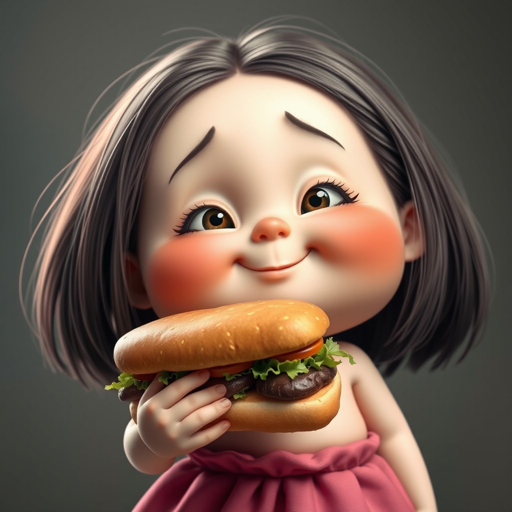 A very chubby girl with a tiny mouth, rosy cheeks, and very small eyes