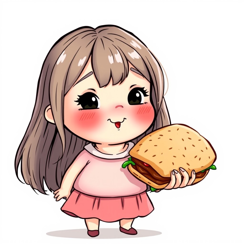 A very chubby girl with a tiny mouth, rosy cheeks, and very small eyes