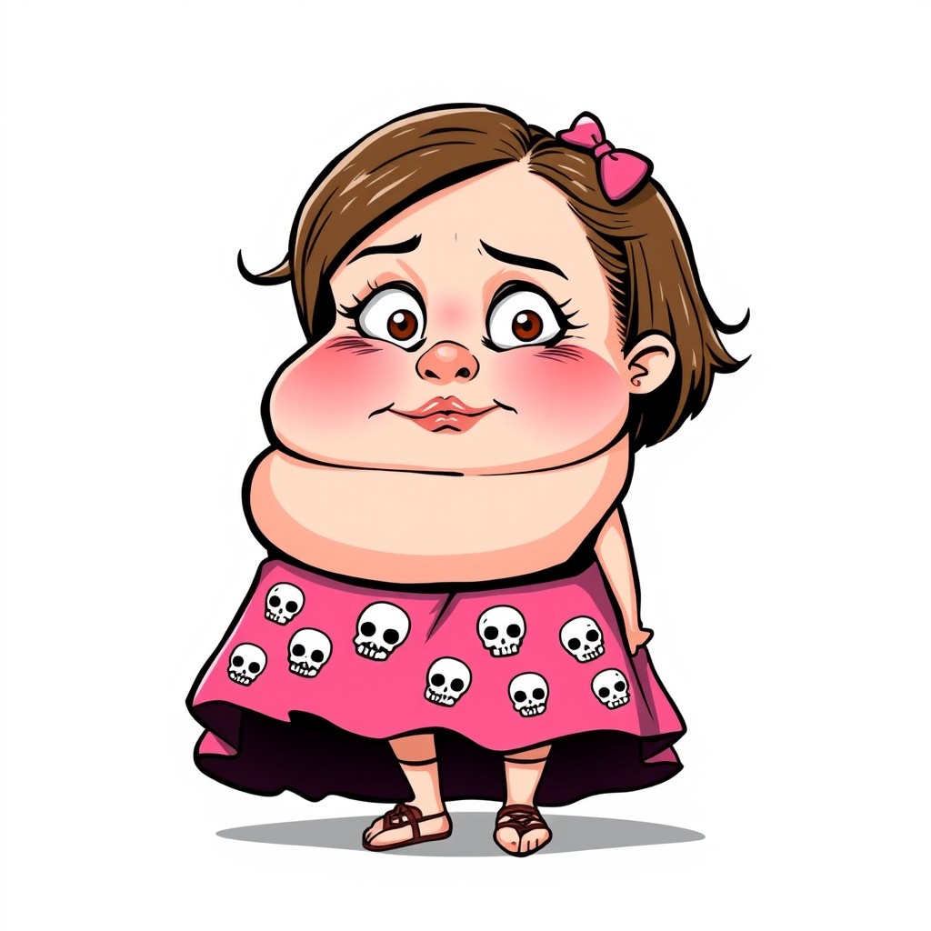 A humorous comic-style illustration of an overweight, unattractive girl with a tiny mouth, chubby cheeks, and very small eyes