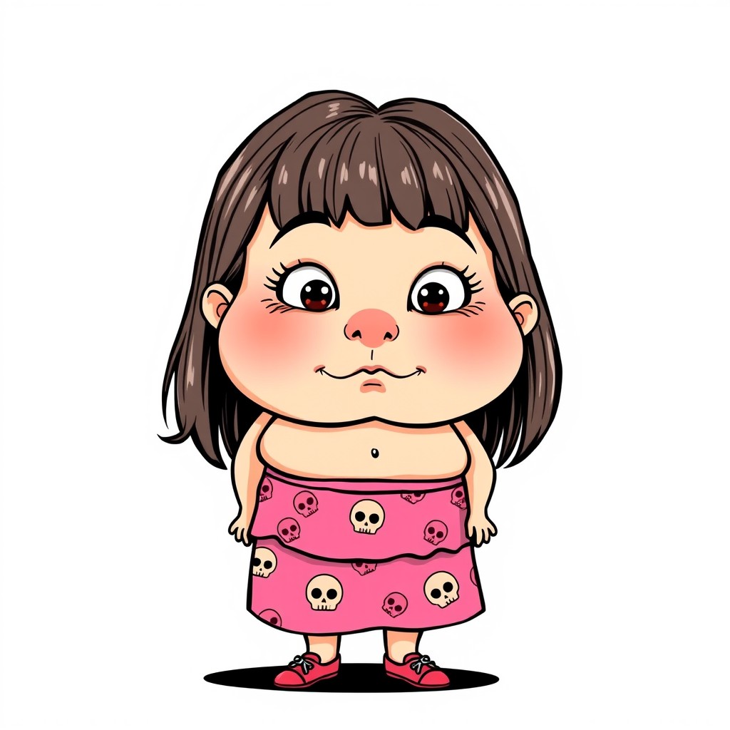 A humorous comic-style illustration of an overweight, unattractive girl with a tiny mouth, chubby cheeks, and very small eyes