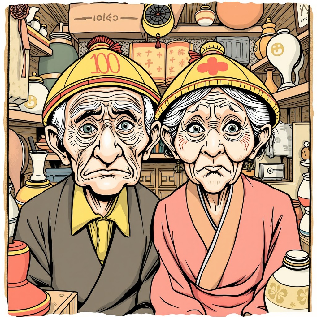 An elderly Japanese couple, aged 100 years, with many wrinkles, grumpy expressions, and an eccentric style