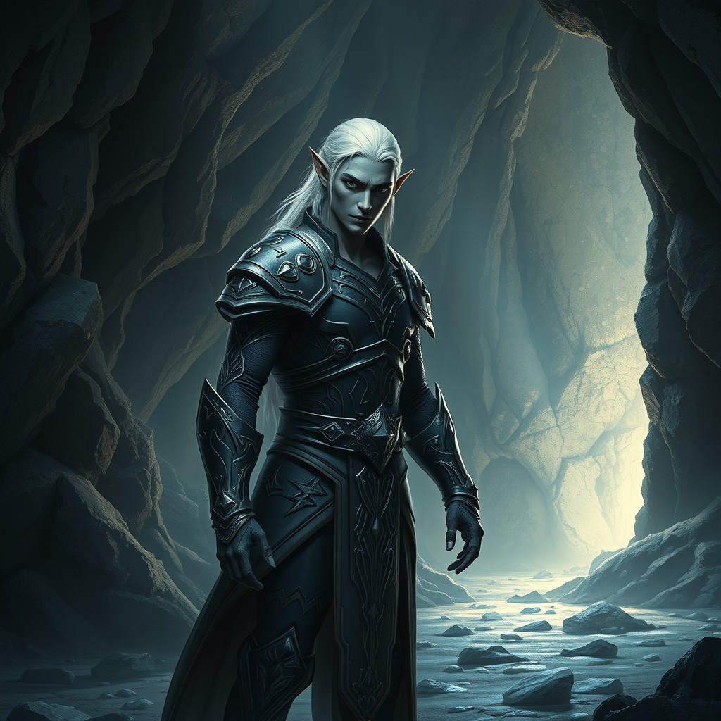 A male dark elf standing in a dimly lit cavern, showcasing his dusky gray skin and striking white hair