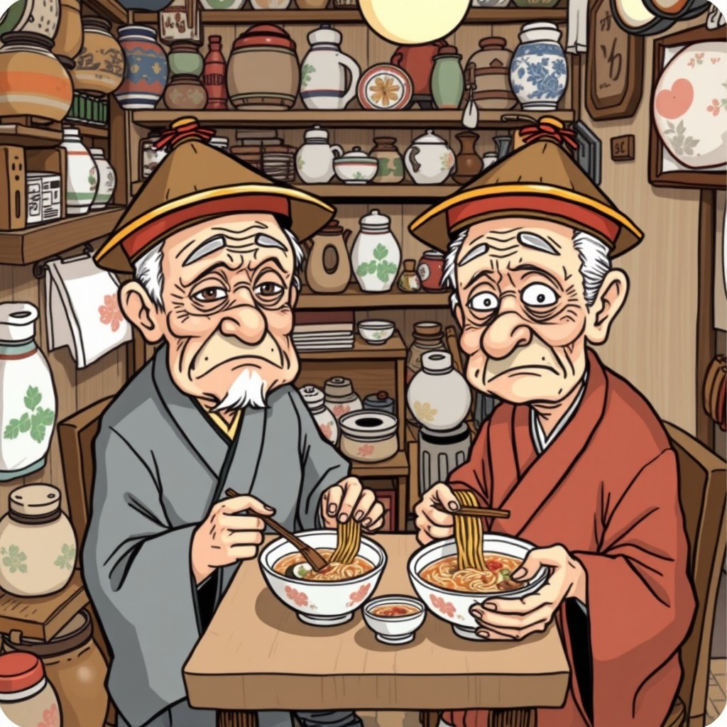 An elderly Japanese couple, aged 100 years, with many wrinkles, grumpy expressions, and an eccentric style, sitting at a small table in their very tiny house filled with various traditional Japanese objects