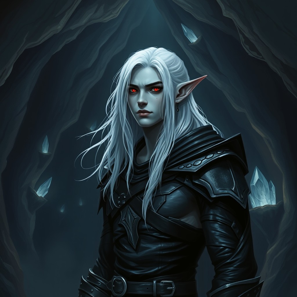 A drow elf male standing in a mystical cavern, his dusky gray skin contrasting against the dark cave walls