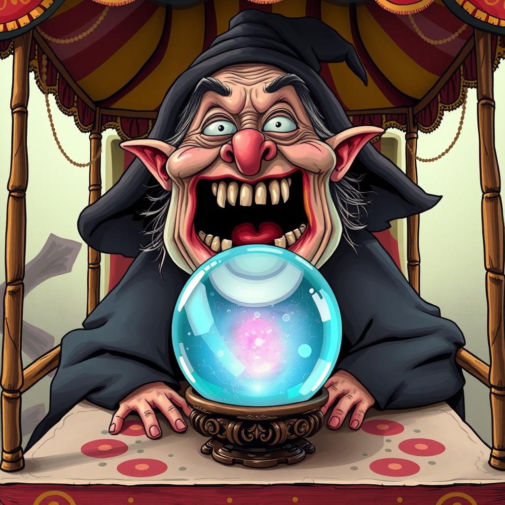 A comically exaggerated depiction of a Romanian gypsy witch in a colorful, whimsical cart