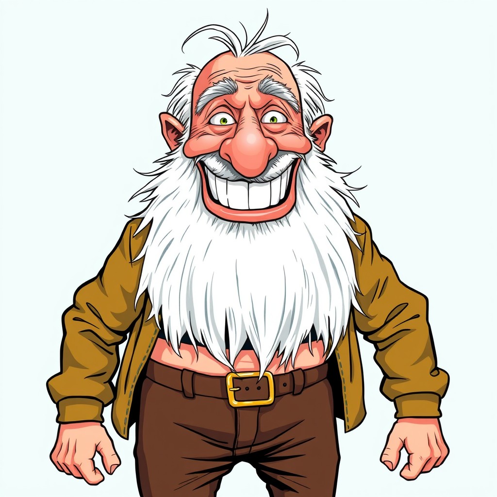 A humorous comic-style illustration of an elderly man with a long white beard, wearing brown pants and a jacket without a shirt