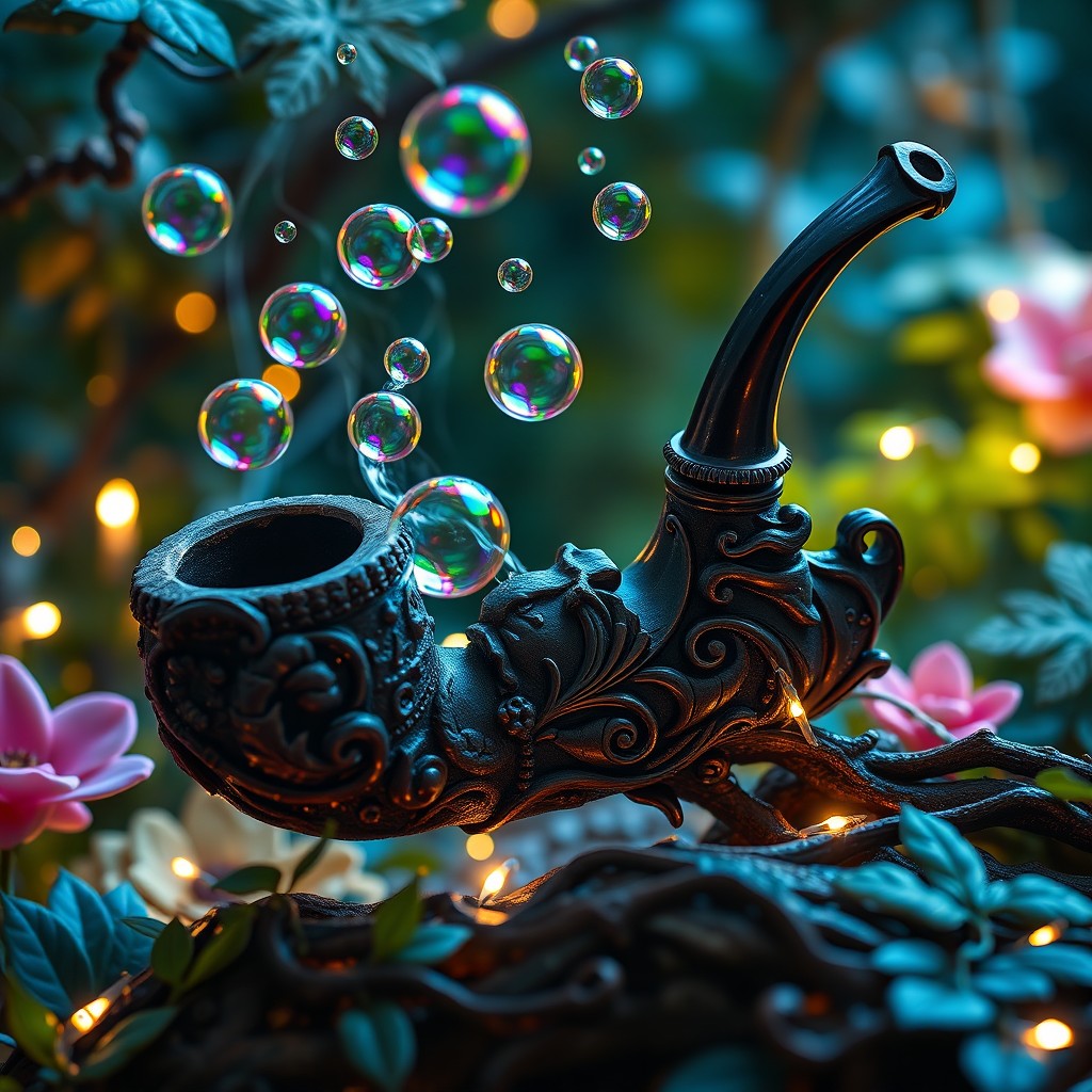 A beautifully crafted fantasy Dungeons & Dragons tobacco pipe, adorned with intricate carvings of mythical creatures and lush vines